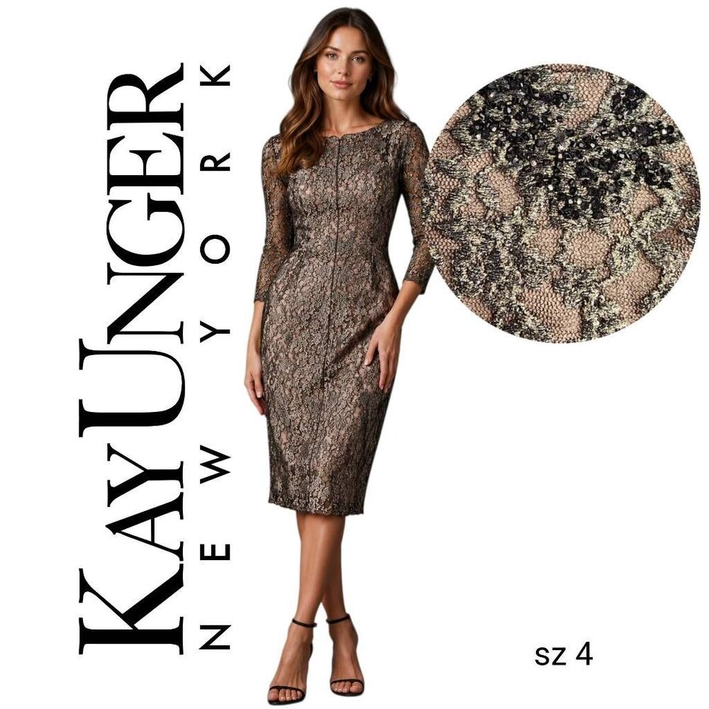 Gold & Black Lacey Sparkle Sheer 3/4 Sleeve Designer Kay Unger New York Dress